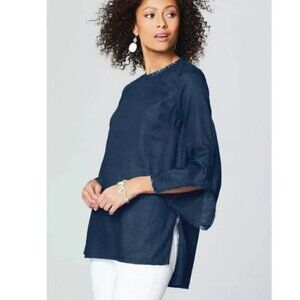 Navy Linen J. JILL  Fringe Trimmed Tunic Top  Medium NWOT